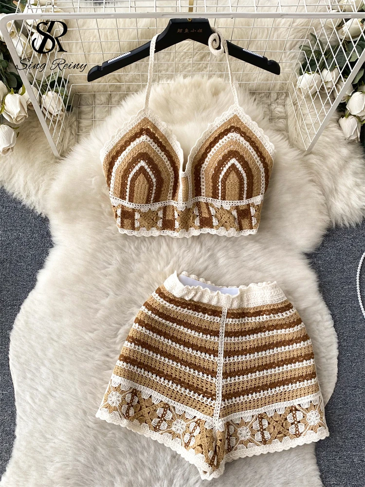 SINGREINY Summer Knit Beach Suit Women Short Camisole+ Hollow Out Wide Leg Shorts Fashion Vacation Stripe Casual Two Pieces Sets