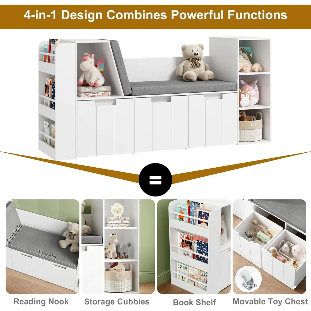 61.5" Kids Reading Nook with 3-Layer Bookshelf, Reading Nook for Kids with Double Bench and Rolling Drawers, Kids Bookshelf 4