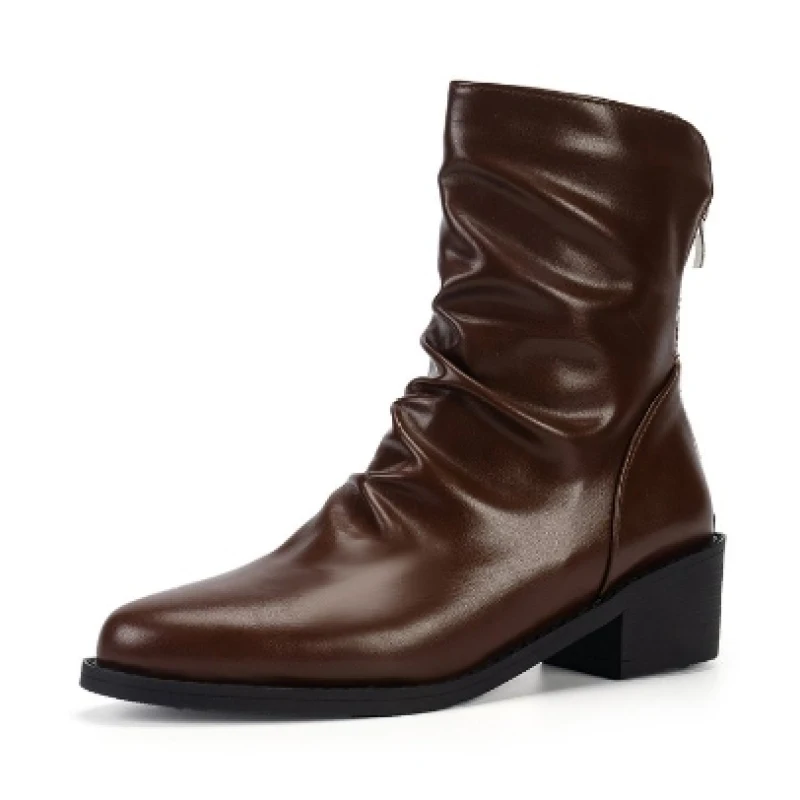 Pleated Leather Ankle Boots Women 2024 New Low Heels Fashion Boots for Woman Back Zipper Short Booties Plus Size 35-43 comfort