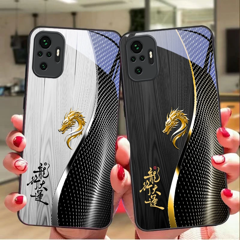 Elegant Black Tempered Glass Phone Case with Traditional Dragon Totem Design