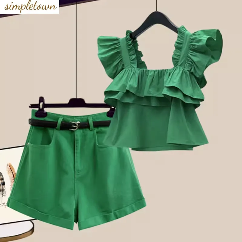 Summer Set 2023 New Large Women's Fashion Ruffle Edge Short Sleeve Casual Versatile Shorts Two Piece Set Trendy