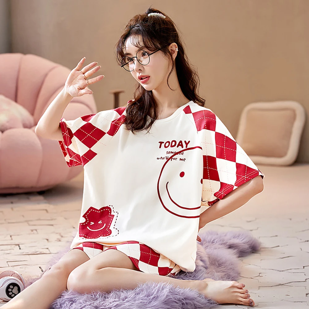 M-2XL 100% Cotton Cute Sweet Cartoon Home Clothes 2024 New Summer Short Sleeve Sleepwear Breathable Comfortable Women's Suit
