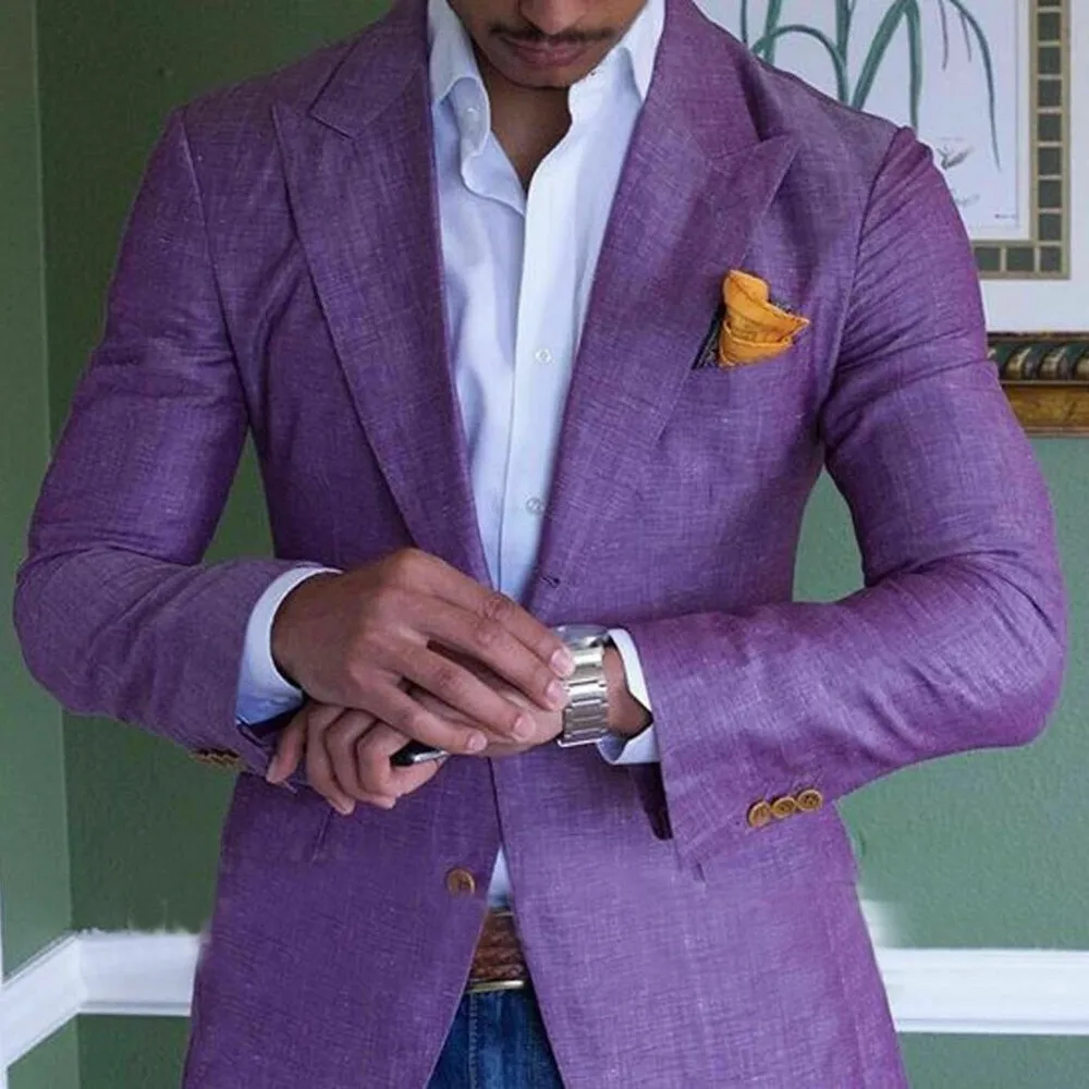 

Purple Men's Linen Summer Beach Jacket Suits Slim Fit Suits For Men Tuxedo Groom Suits For Men Wedding Groomsman