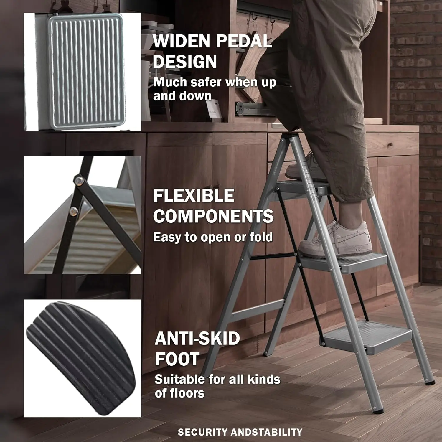 3 Step Ladder, Folding Step Stool with Anti-Slip Wide Pedal, Portable Sturdy Steel Ladder 3 Steps, 330lbs Safety Kitchen