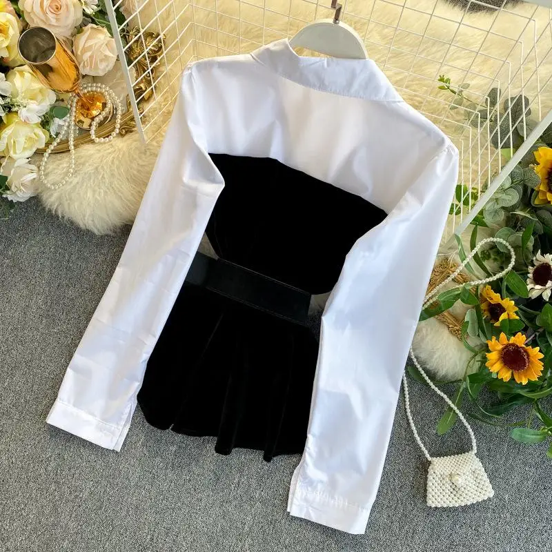 With Belt  Women Spring Spliced V Neck Blouses White Black Tops  Slim Pants Suits Elegant OL Ladies Office Set Formal Black