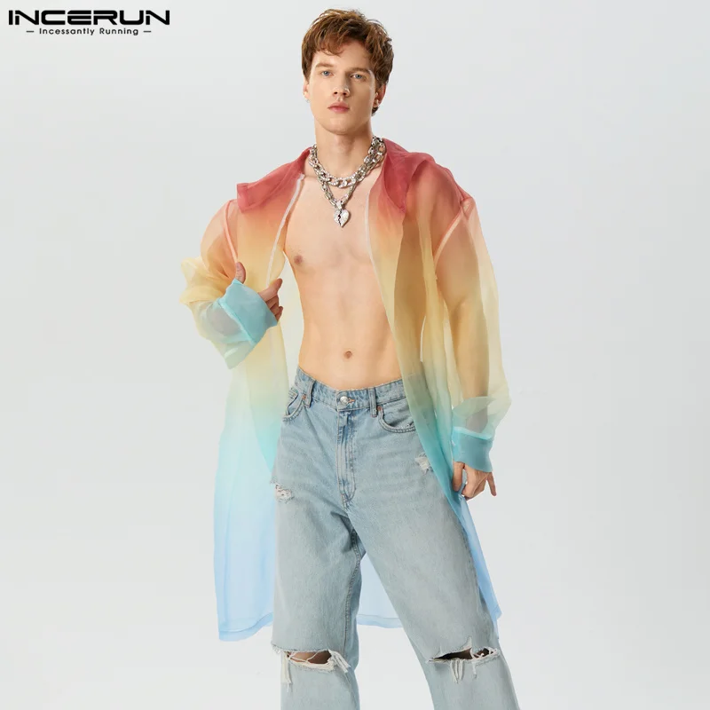 Men Trench Tie Dye Gradient Hooded Long Sleeve Open Stitch Casual Coat