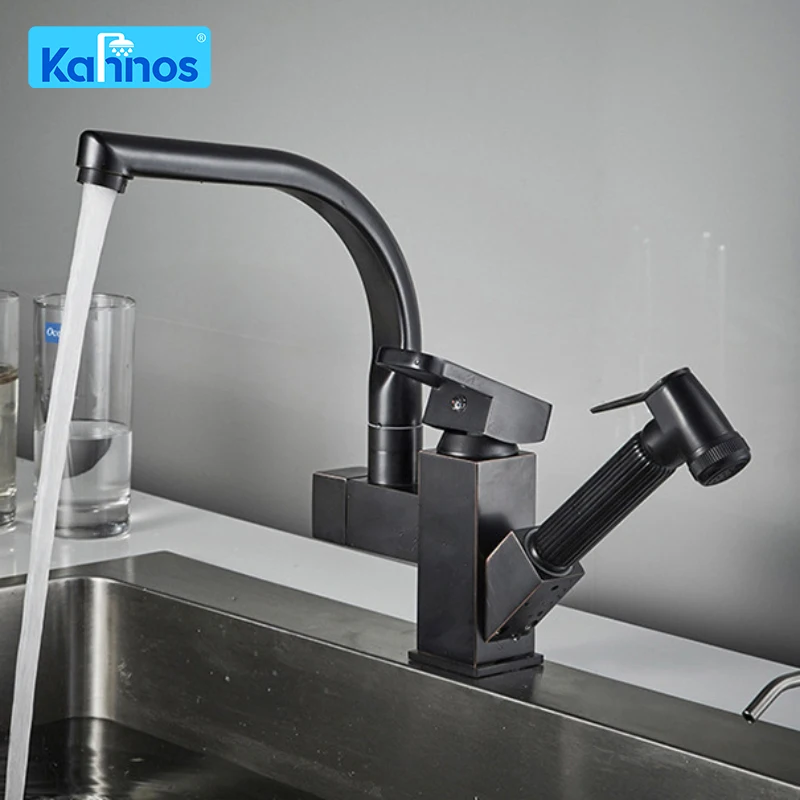 

Brass Pull Out Kitchen Faucet Hot Cold Water Mixer Tap with High Pressure Sprayer 2 Mode Single Handle 360 Rotating Deck Mounted