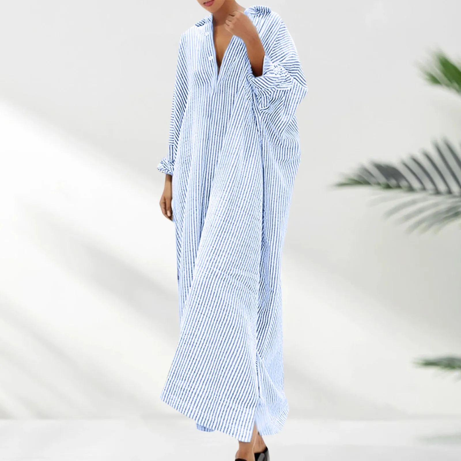 

Summer New Dress 2023 Fashion Cotton Striped Cardigan Loose Large Casual Temperament Commuter Irregular Women's Long Dress