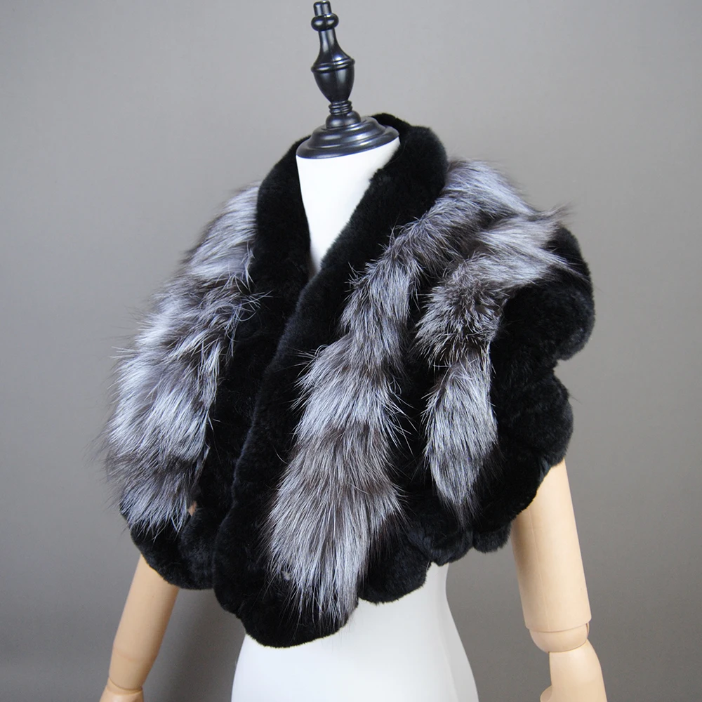 Genuine Rex Rabbit Fur Scarf With Fox Fur Women Winter Warm Scarves Trendy Elegant Natural Rex Rabbit Ring Scarves Female