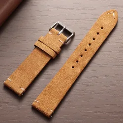 Vintage Suede Leather Quick Release Watch Strap with Pin Buckle - 22mm (Yellow Brown)