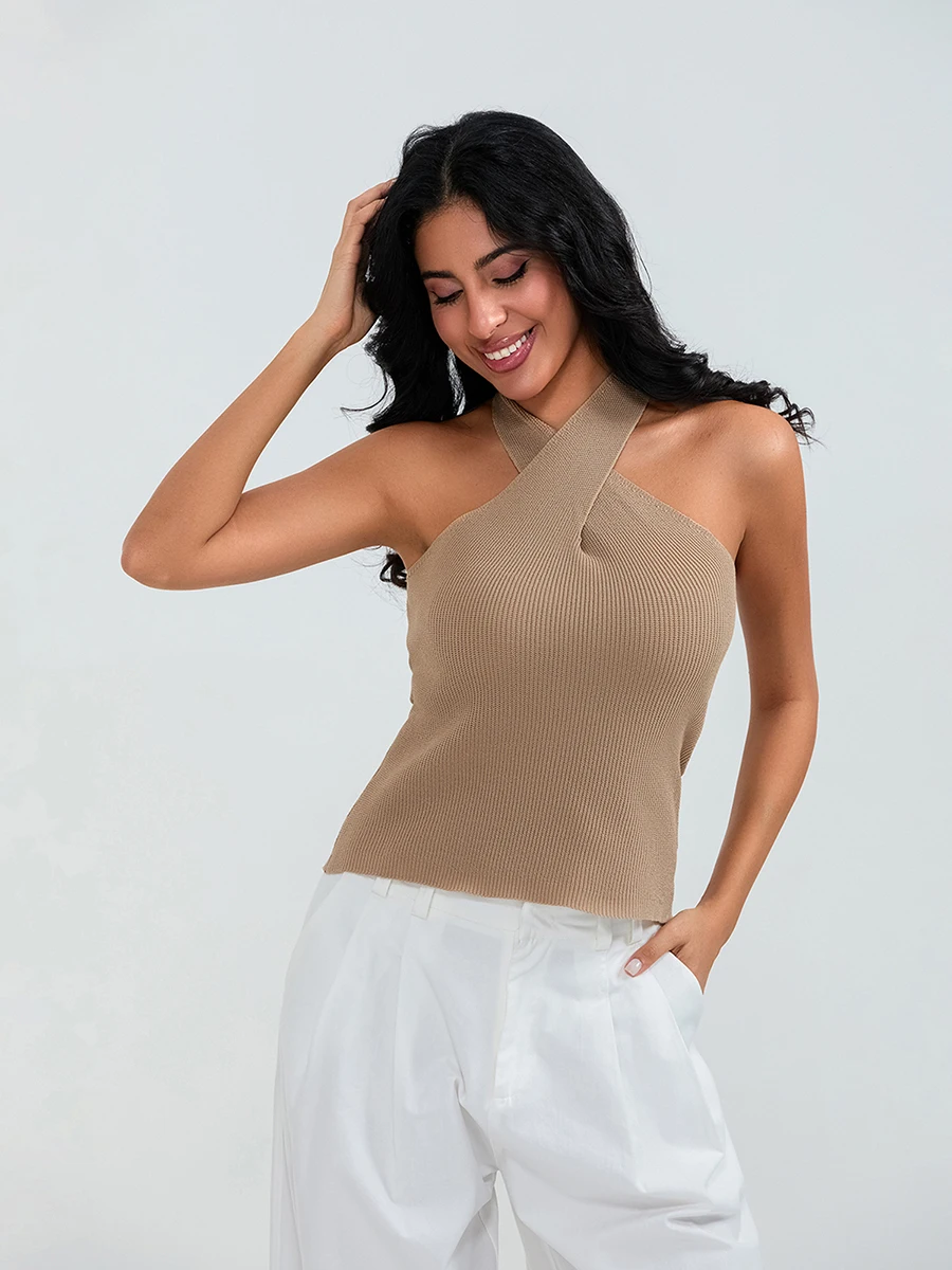 Women's Summer Knit Tank Tops Solid Color Sleeveless Cross Front Slim Sweater Vest Ladies Chic Camis Vest for Streetwear Y2K 00s