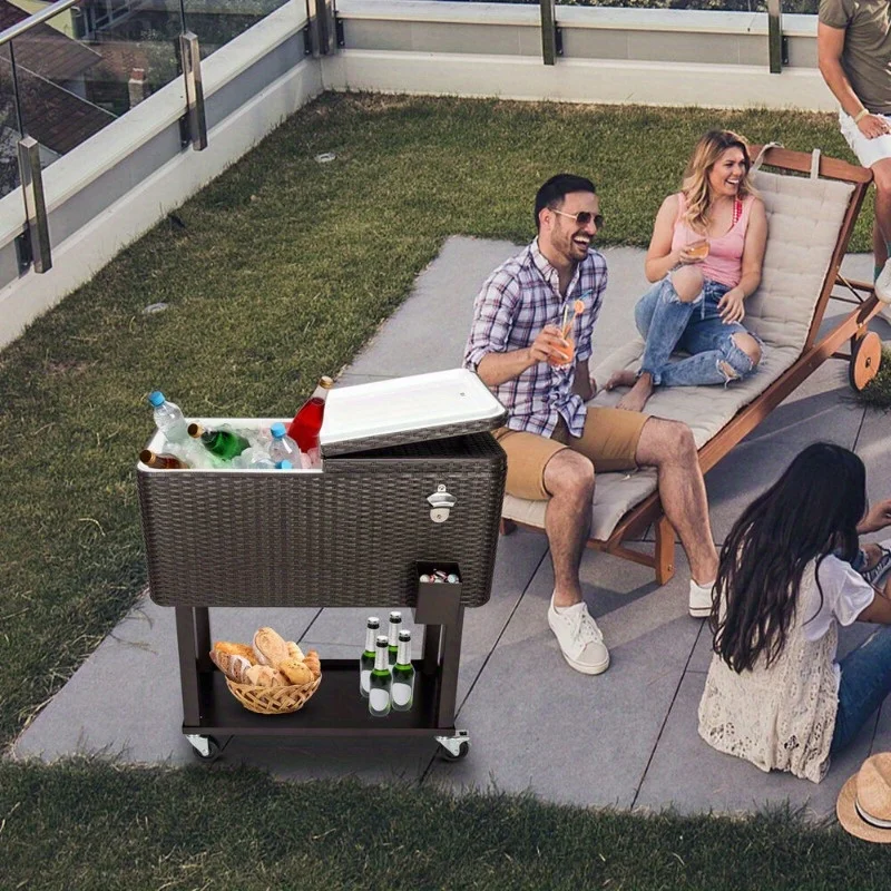 Outdoor rattan 80QT Party patio rolling cooler ball cart Cold beer drink case