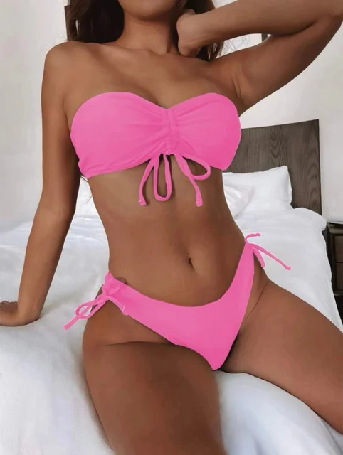 Maillot de bain femme 2 pièces, uni, froncé, proximité, string, Bikini – Image 5
