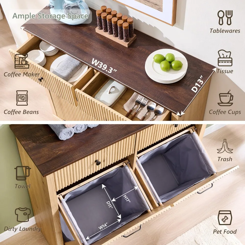 Modern Double Tilt-Out Trash Cabinet, 20 Gallon Fluted Laundry Hamper Cabinet with 2 Drawers, Wooden Hidden Garbage Can Cabinet 3