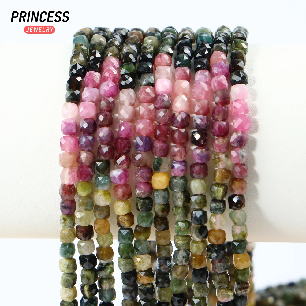 A++ Natural 4mm Colorful Tourmaline Cube Faceted Beads Healing Crystal Beads for Jewelry Making DIY Bracelet Necklace 5