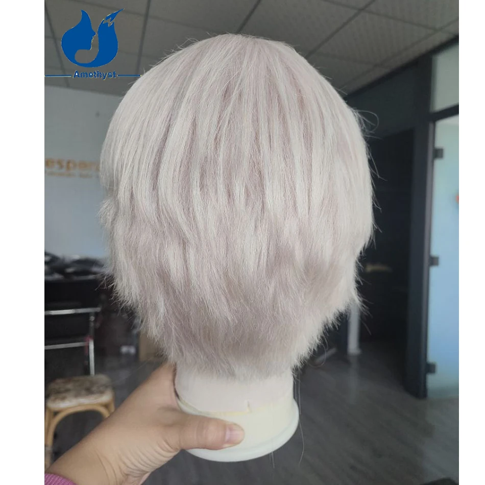 Amethyst Pre Styled White Platinum Blonde Male Wig Human Hair Short Cut Full Lace Wig Virgin Remy Hair 60# Colored for Men