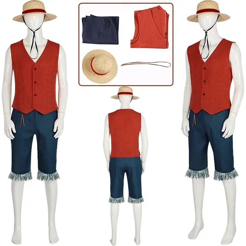 

Real Person Version of Luffy Cosplay Male Costume Vest Pants Hat Cosplay Summer Fancy Clothes Outfits Halloween Carnival Suit