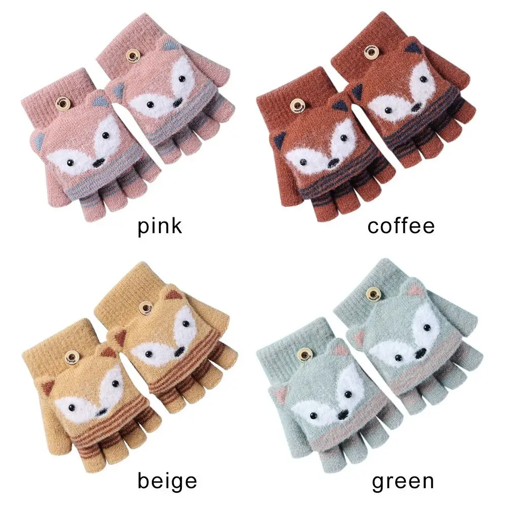 Thick Autumn Winter Cute Warm Gloves Children Mittens Flip Fingerless Gloves Knitted