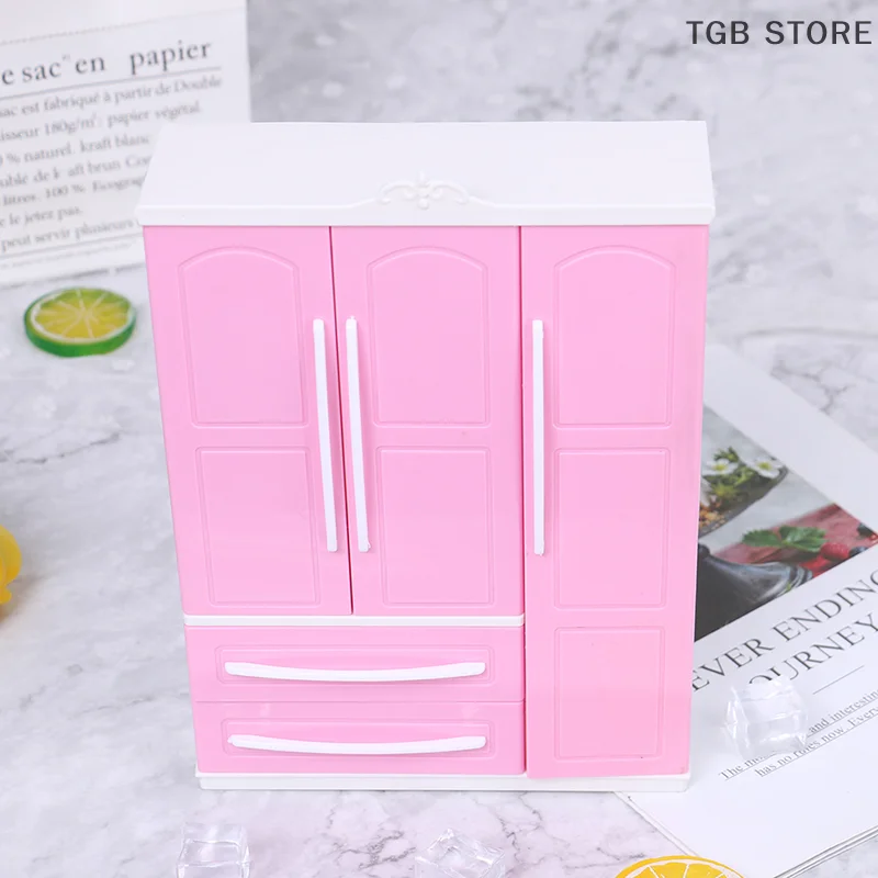 1Pcs ABS Three-door Pink Modern Wardrobe 1/12 1/6 Dollhouse Miniature For Dolls Furniture Clothes Accessories Toys