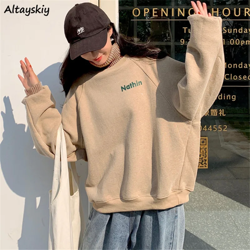 

Vintage Turtleneck Hoodies Women Thick Long Sleeve Warm Letter American Hoody Ulzzang Loose Streetwear Sweatshirt Casual BF Ins