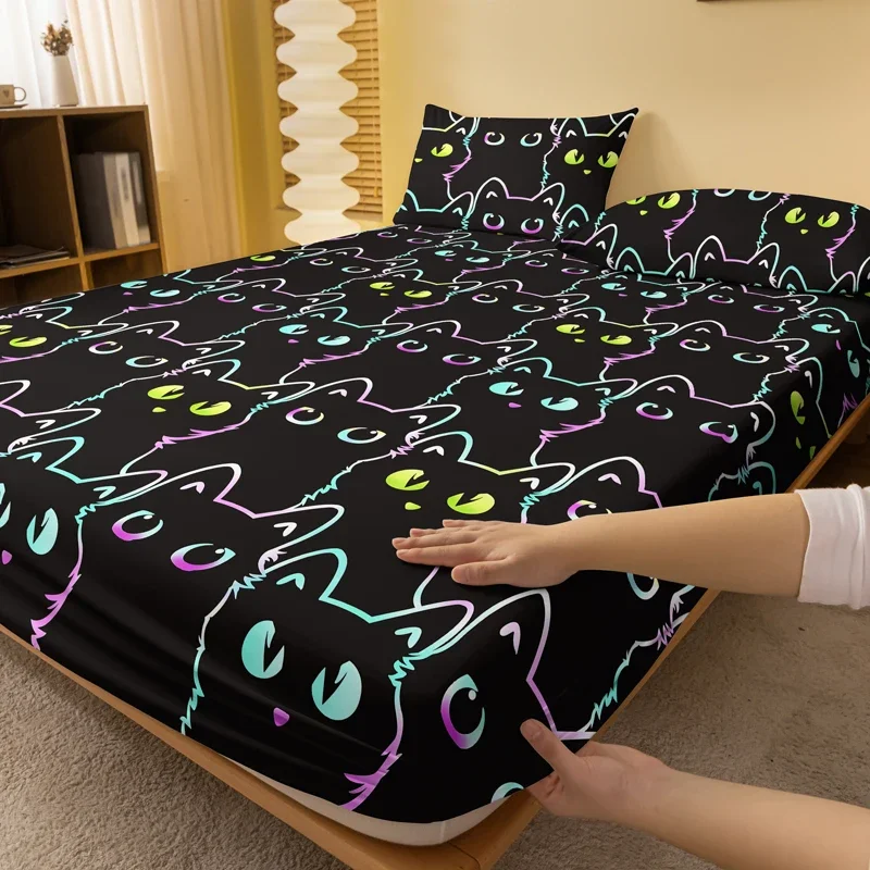 1 cartoon animal little cat printed matte Fitted Sheet, bedroom printed bed cover, bedding (excluding pillowcases) 2