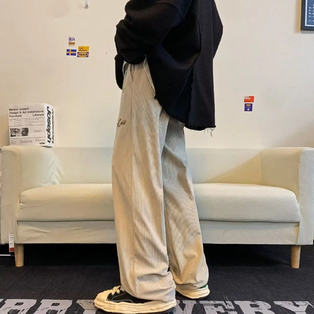 Winter Corduroy Men Pantalones Hombre Trend Y2K Loose Wide Leg Straight Pants Draw String Hip Hop Rock Dance Club Ins Sweatpants