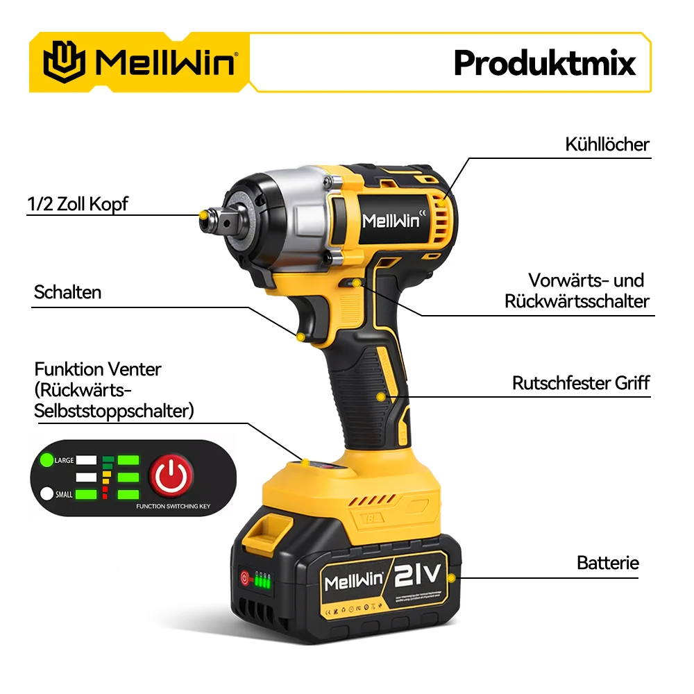 MELLWIN 520N.M Bürstenloser Elektroschraubendreher-Satz 3-IN-1 Akku-Schlagschrauber Elektrischer Bohrschrauber für Makita 18V Akku-Pin – Detail 5