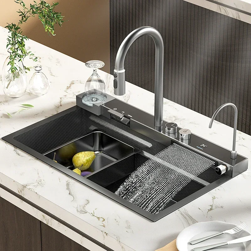 

Kitchen Sink with Waterfall Faucet Stainless Steel Large Single Slot Bionic Honeycomb Black Wash Basin Topmount / Apron Front