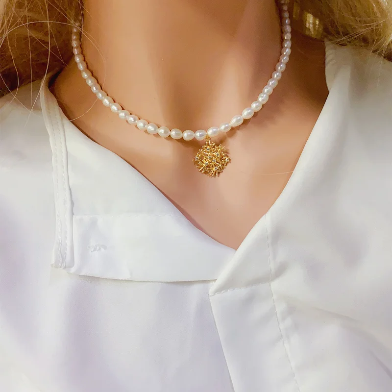 ALLNEWME Delicate Multiple Freshwater Pearl Chokers Necklaces for Women Gold Copper Hollow Leaves Heart Flower Pendant Necklace