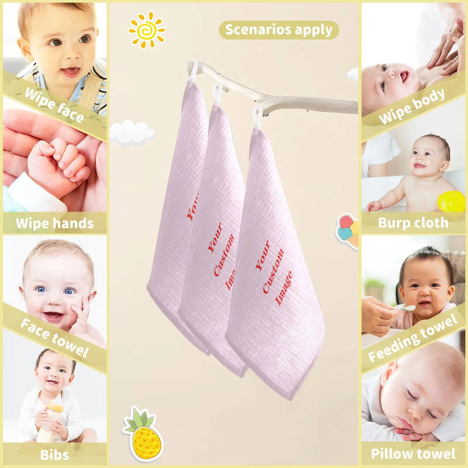 3/5PCS Baby Cotton Bath Towel 4-Layer Gauze Face Washcloth Squares Hand Wipe Newborn Bathing Feeding Kids Handkerchief