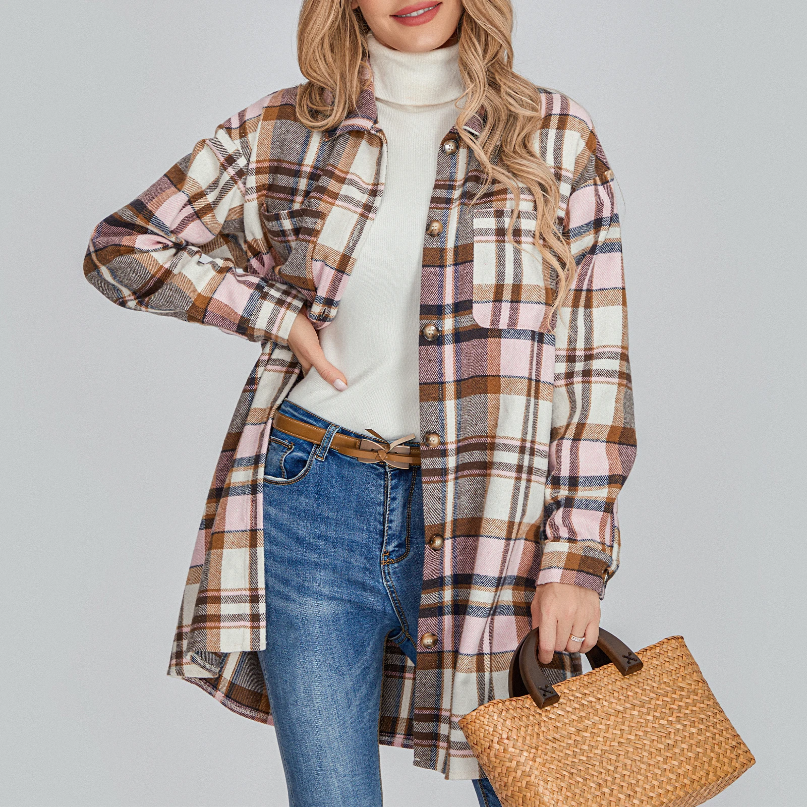 

Women’s Casual Plaid Print Shacket Jacket Long Sleeve Lapel Button Down Casual Flannel Coat Outerwear