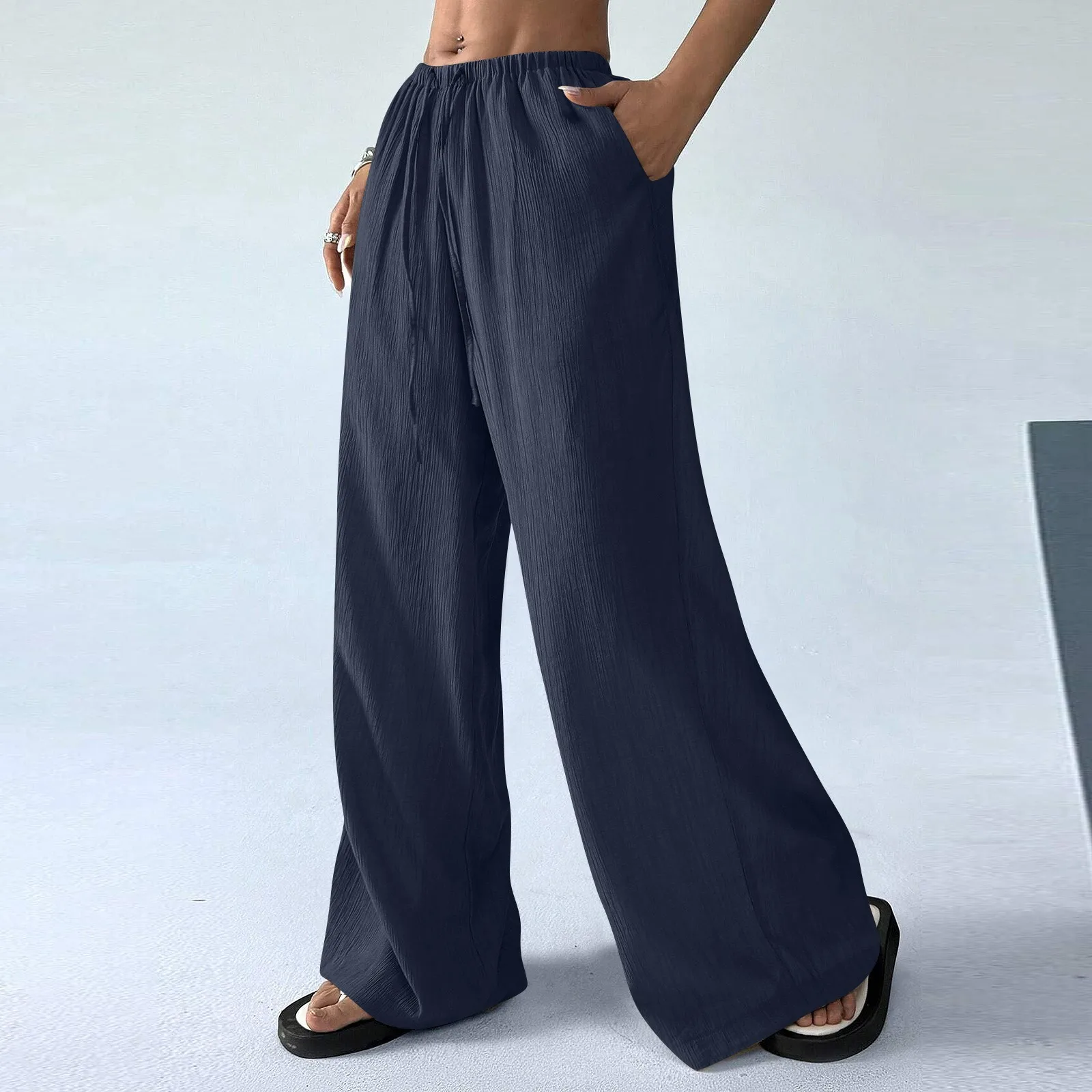 Y2k Women's Drawstring Waist Texture Pocket Loose Casual Wide Leg Pants Spring Summer Casual Korean All Match Palazzo Pants