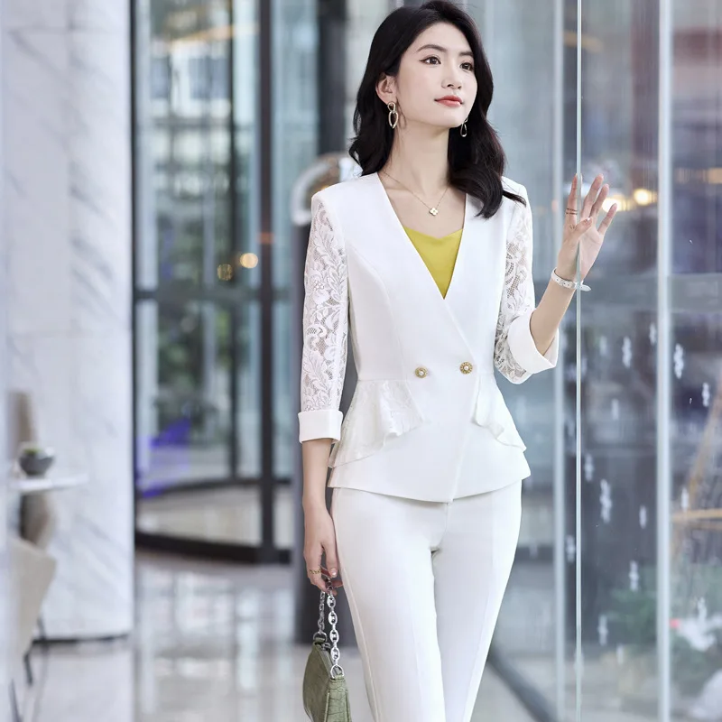 Fashion Lace Business Suits Women OL Styles Work Wear Spring Summer Ladies Office Professional Blazers Trousers Set Pantsuits