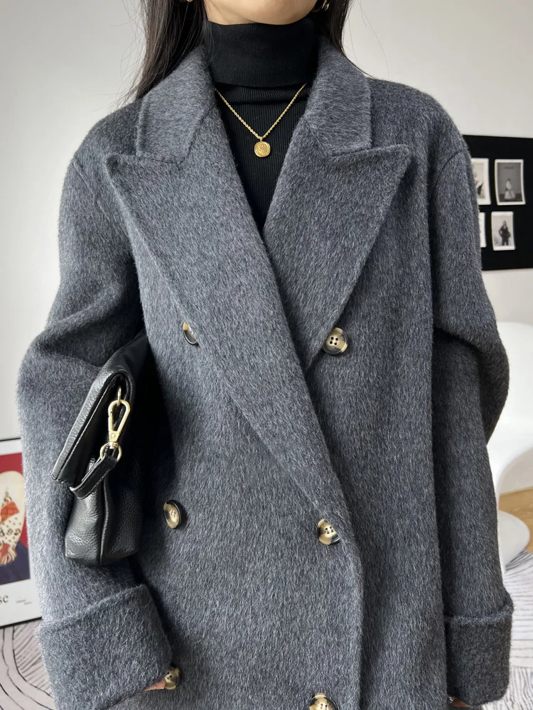 New Gray Simple Double-sided Wool Cashmere Coat Women Lapel Double Breasted Long Sleeve Woolen Coats Fashion Fit Autumn Winter