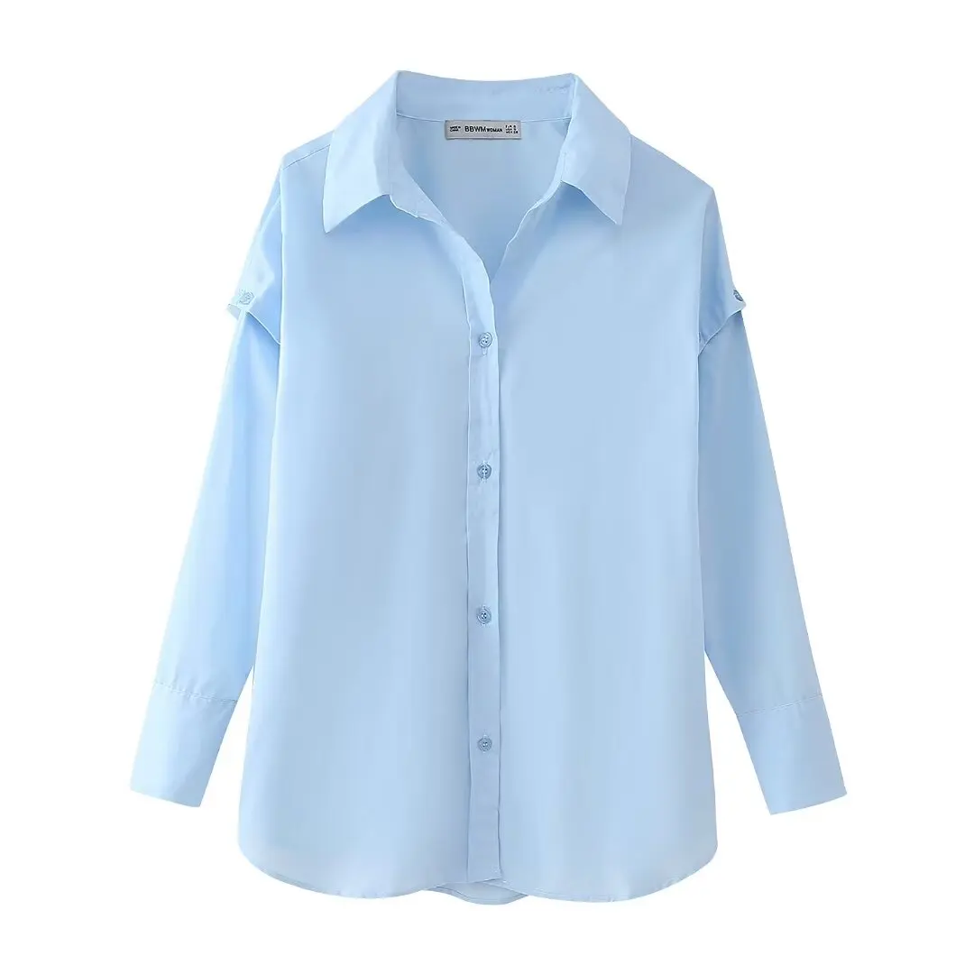 

Women's new fashion detachable sleeve design loose casual patchwork shirt retro long sleeved Button up women's shirt chic top