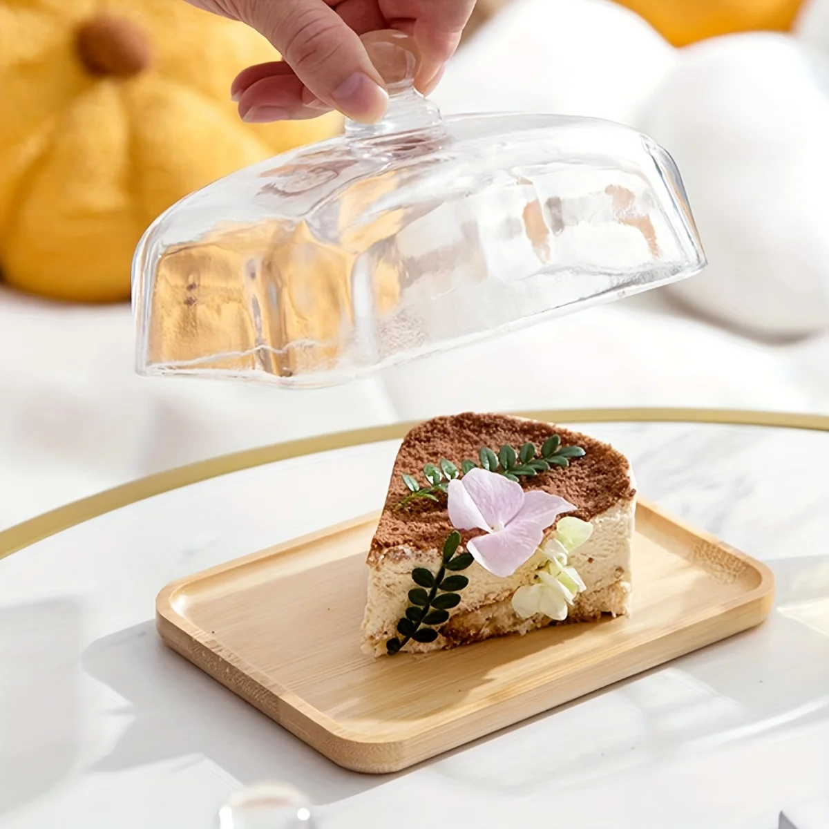 Wooden Square Cake Tray Bamboo and Glass Butter Dish Snack Display Tray Dessert Table Decoration with Glass Cover 5