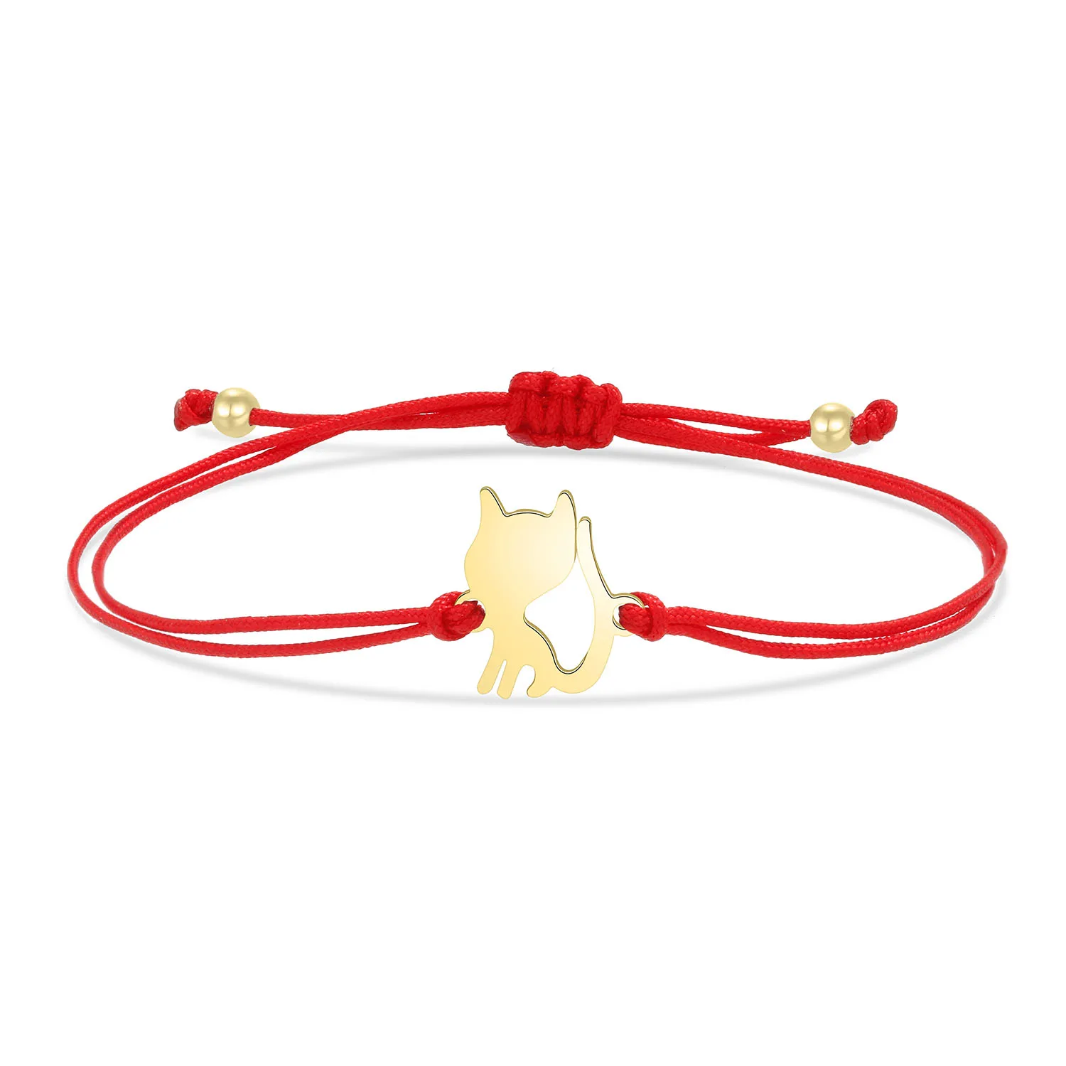 Gold-plated Stainless Steel Delicate Polished Cute Cat Charm Bracelet Women Fashion Red String - PeticaDeals
