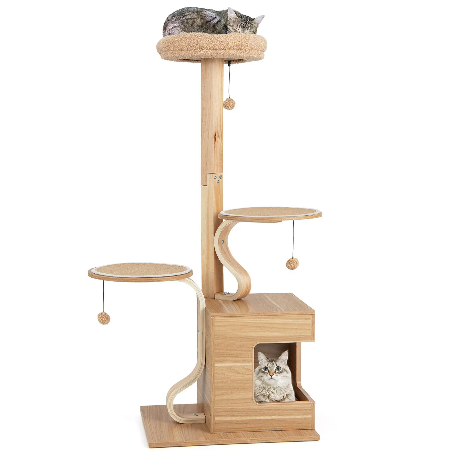 DORTALA Wooden Cat Tree 129cm Tall Cat Tower 4-Layer Cat Activity Center Solid Wood Post
