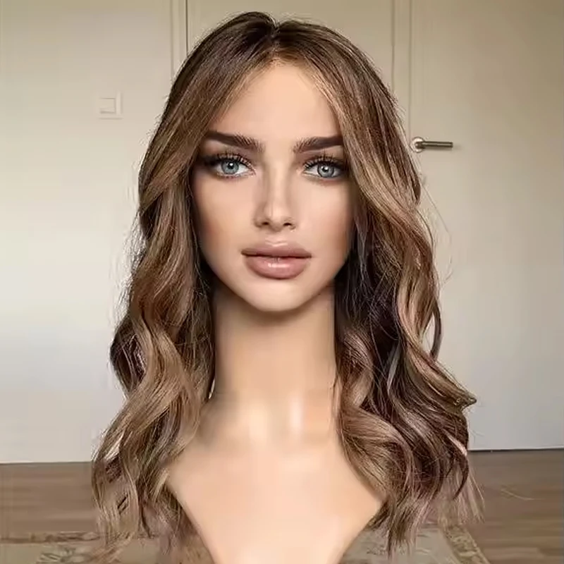 Premium Fibre Synthetic Hair Lace Front wig Brown Caramel highlights colored lace front wig Hight Density For Women Daily Use synthetic wig