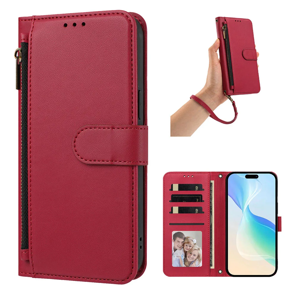 Leather Wallet Crossbody Phone Case with Lanyard Strap and Zipper