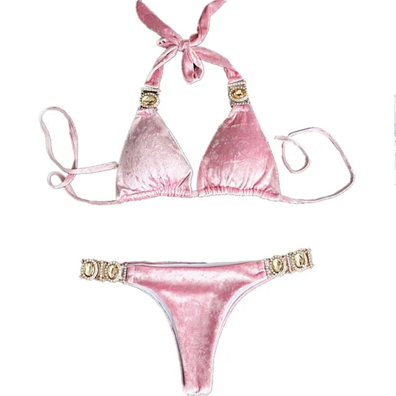 dividido de terciopelo rosa y dorado para mujer, conjunto de Bikini Sexy con diamantes de conjunto de dos piezas ajustado de Color para playa 2022 - AliExpress