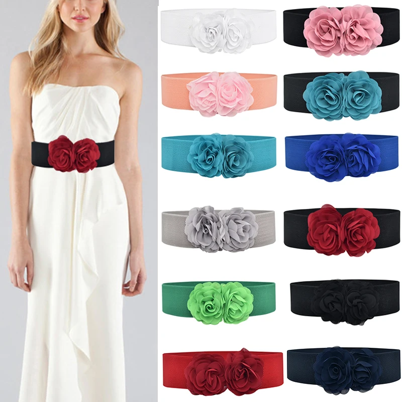 

Chiffon Flower Wide Belt Elastic Waist Belt Double Floral Decorative Waist Seal DIY Dress Waistbands Belt Stretchy Waistbelts
