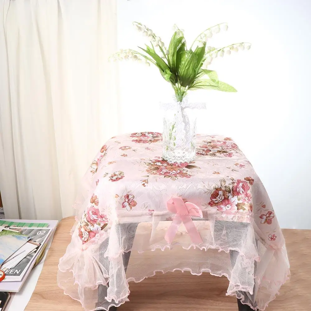 Fashion Dust-proof Bedside Cabinet Lace Table Cloths Decoration Rectangular Table Cover Pink Flower
