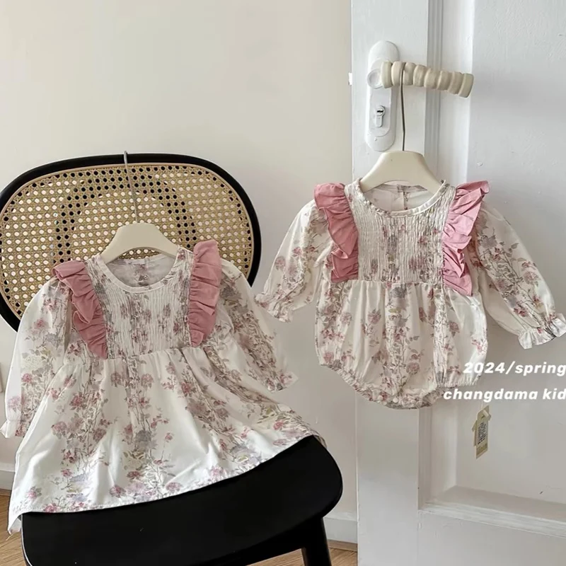 New Autumn Baby Sister Dress Cotton Floral Print Rompers Pink Ruffled Clothes Casual Dress Sister Matching Kids Clothing Outfit 5