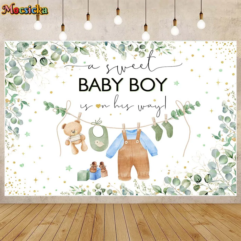 

Mocsicka Baby Shower Backdrop A Sweet Baby Boy Welcome Party Decorations Newborn Photography Background Bear Green Leaves Banner