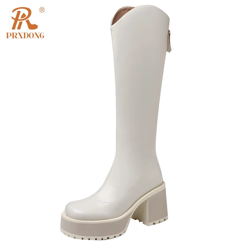 

PRXDONG 2023 New Classics Autumn WInter Warm Knee High Boots Chunky High Heel Platform Shoes Black Biege Dress Casual Rome Shoes