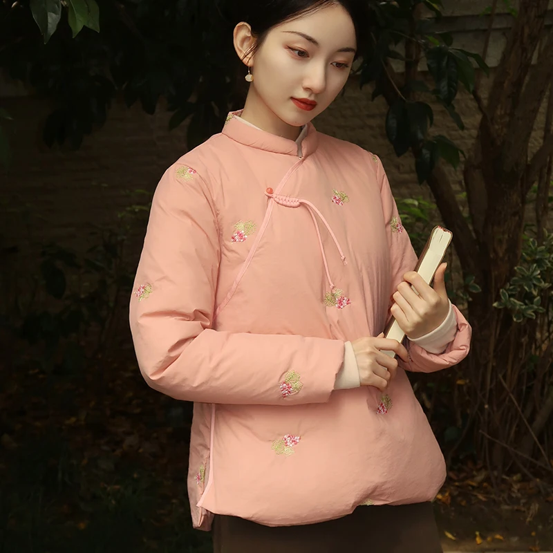 New Chinese Style Embroidery Han Elements Crossbody down Jacket Women's Short Winter Artistic Retro Thickened Cotton-Padded Coat
