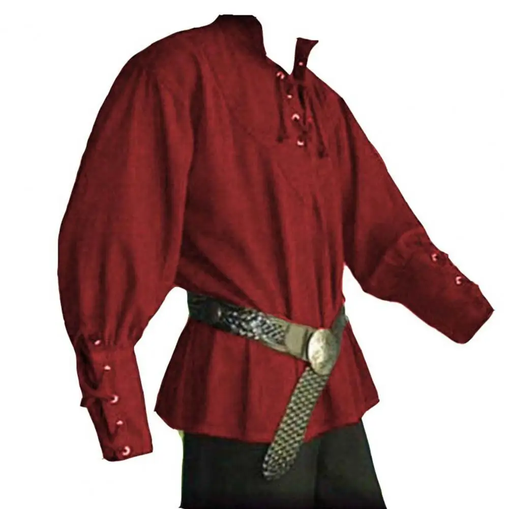 Men Casual Shirts Medieval Renaissance Long Sleeve Bandage Halloween Landlord Knight Vintage Cosplay