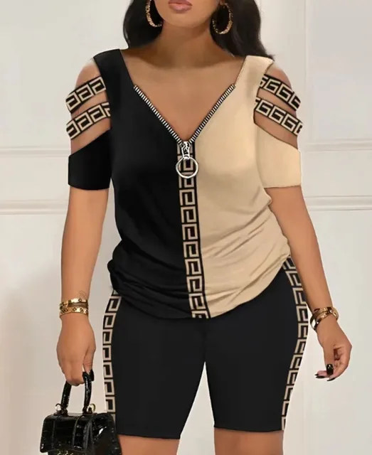 2024 Fashion Sexy Out T Shirt And Shorts 2 Piece Sets Women Outfit Summer Casual Loose Print T Shirts Two Piece Set For Women