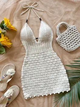 Women's V-Neck Strapless Dress, Hollow Out, Wooden Bead, Slim Fit, Gradient Color, Knitted, Sexy, Vacation Wear 1